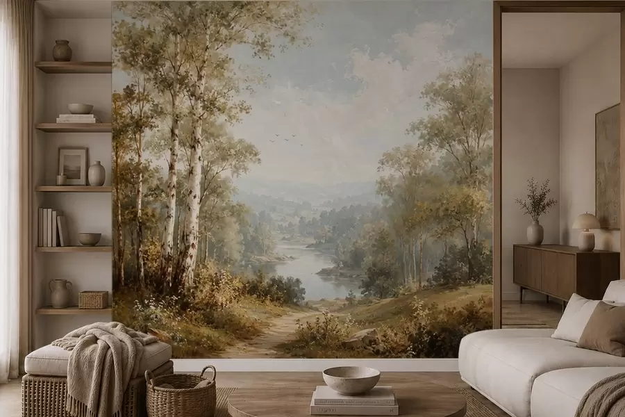 Murale Paysage fluvial lumineux avec des bouleaux et des nuages w05685