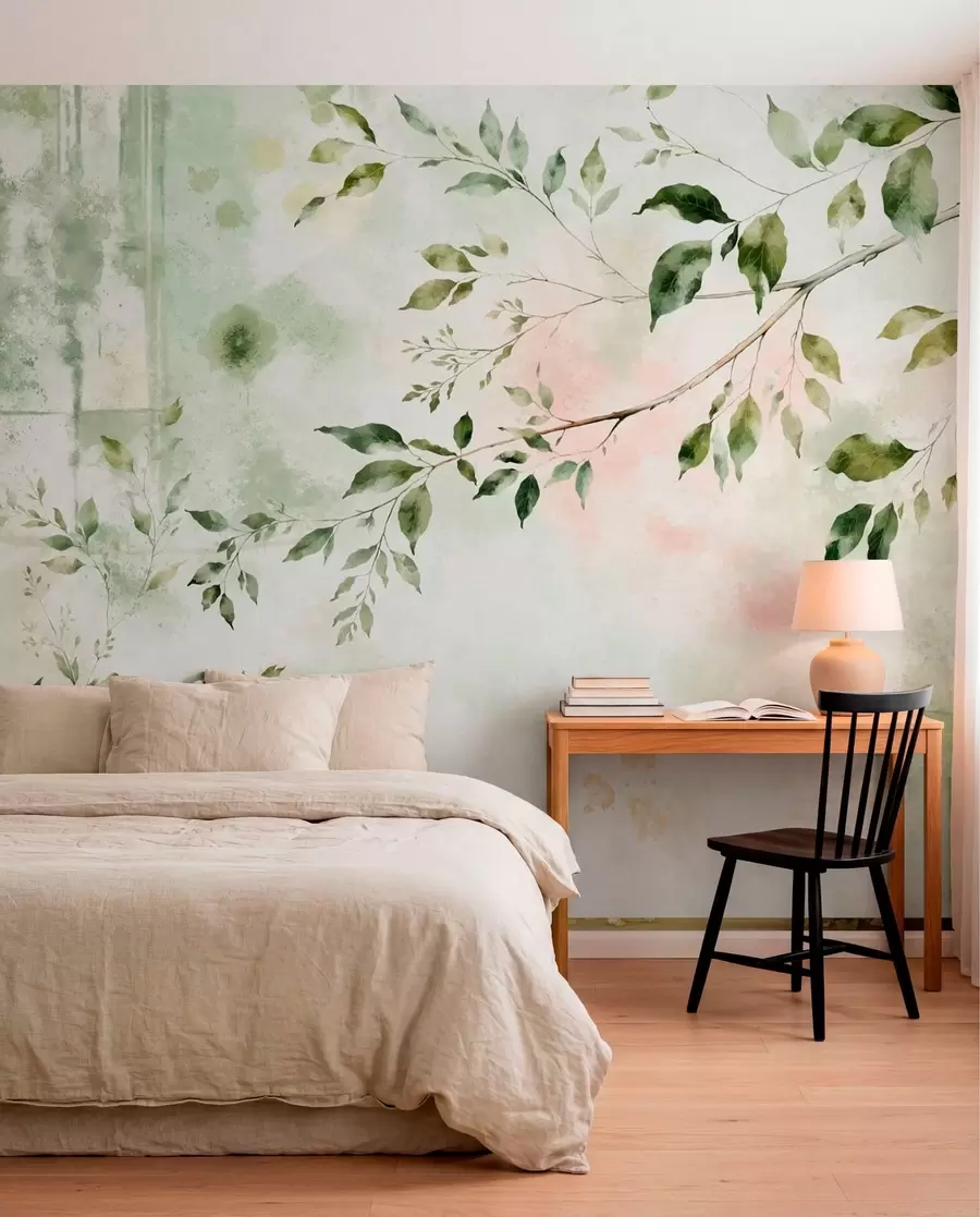 Murale Une branche feuillue peinte à l'aquarelle sur un fond clair w05688