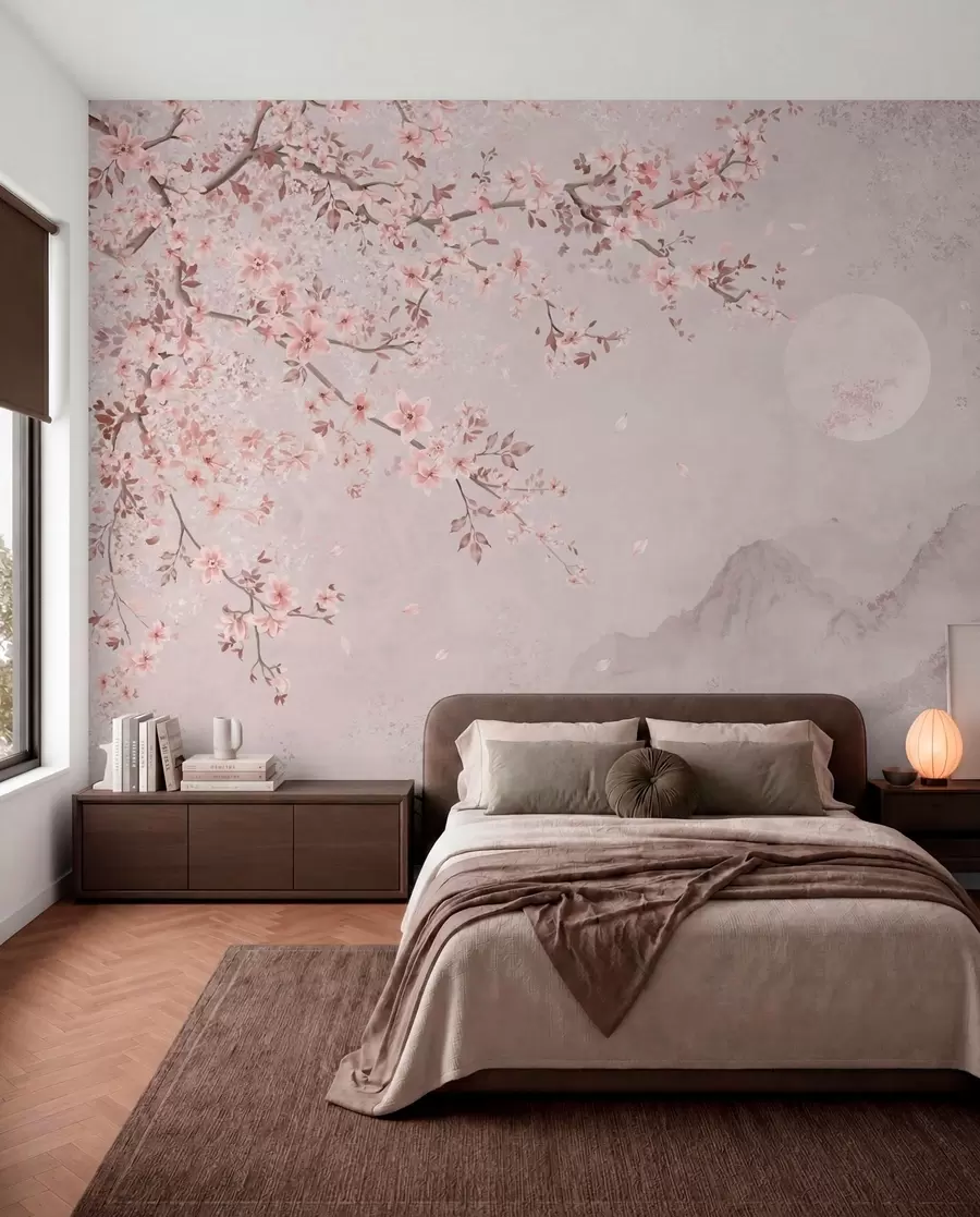 Murale Des fleurs roses sur une branche au-dessus d'un paysage de montagne paisible w05695v1