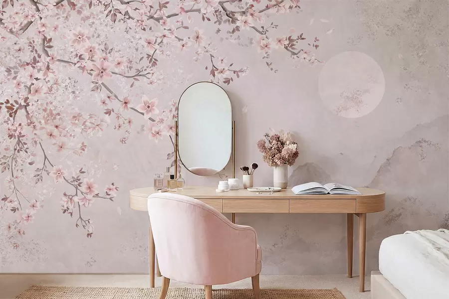 fototapeter Lyserøde blomster på en gren over et fredfyldt bjerglandskab w05695v1