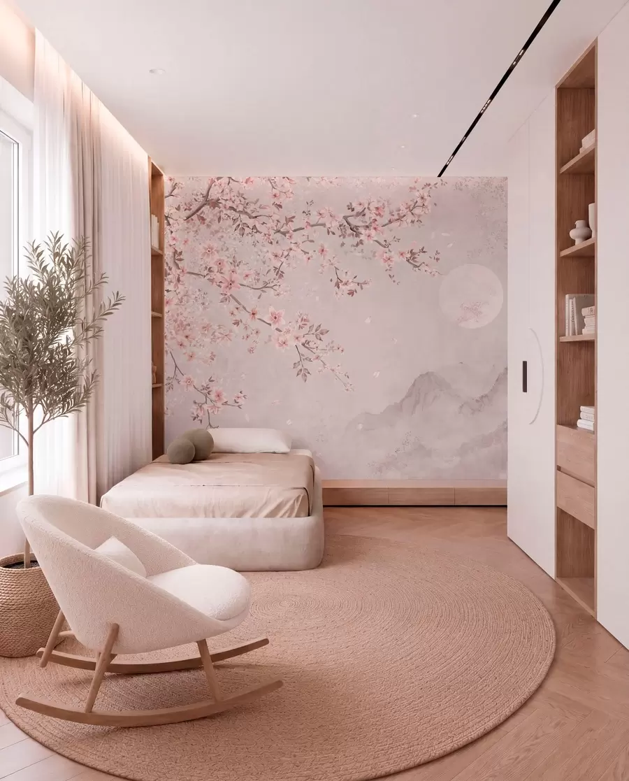 Murale Des fleurs roses sur une branche au-dessus d'un paysage de montagne paisible w05695v1
