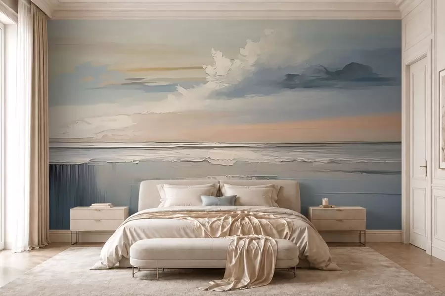 Murale Côte au pastel avec des nuages et des reflets sur l'eau w05687