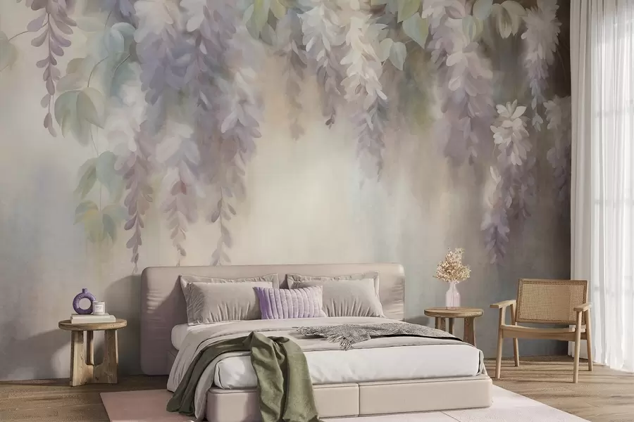 Murale Fleurs de glycine violet clair texturées retombant en grappes, accompagnées de feuilles vertes, sur fond pastel w09896