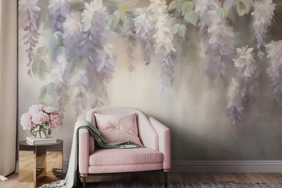 fototapeter Lyslilla blåregnblomster med struktur, der hænger ned sammen med grønne blade, på en pastelfarvet baggrund w09896