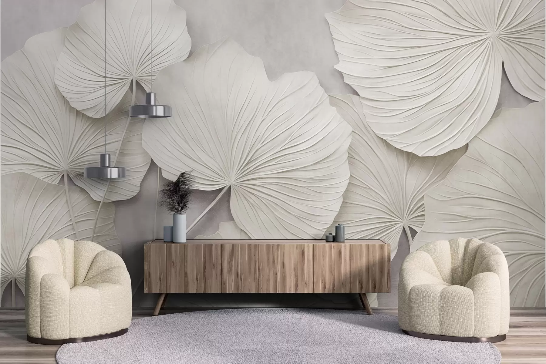 Murale De grandes feuilles texturées sur un fond doux et discret, dans un style d'art moderne minimaliste w09897