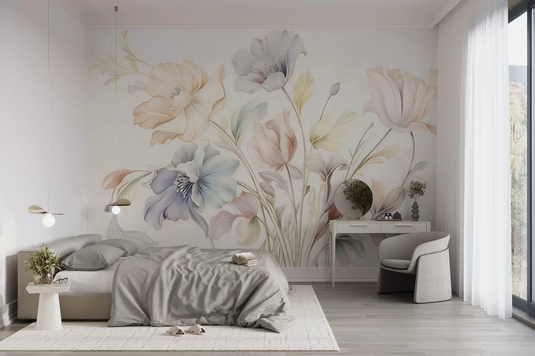 fototapeter Delikate blomster i pastelfarver i lyserødt, blåt og gult med grønne blade på en lys baggrund w09898