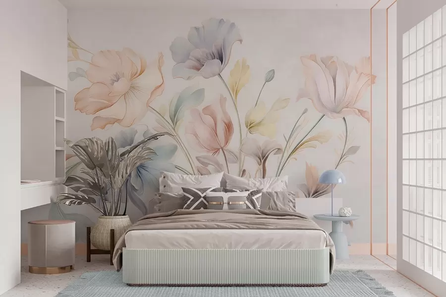 fototapeter Delikate blomster i pastelfarver i lyserødt, blåt og gult med grønne blade på en lys baggrund w09898