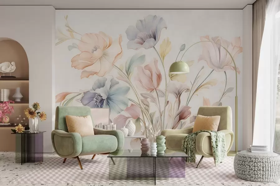 fototapeter Delikate blomster i pastelfarver i lyserødt, blåt og gult med grønne blade på en lys baggrund w09898