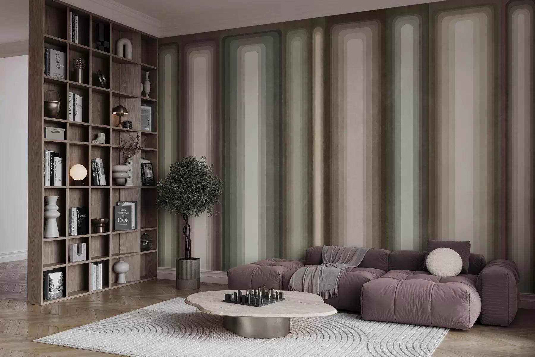 Murale Rectangles abstraits texturés, à angles arrondis et disposés verticalement, dans des tons discrets de marron, de beige et de rose pâle w09905