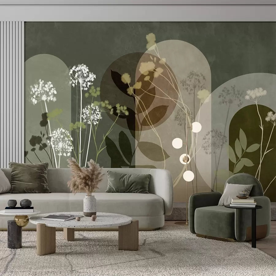 fototapeter En botanisk og minimalistisk sammensætning af tørrede blomster og blade med abstrakte geometriske former w09906v2