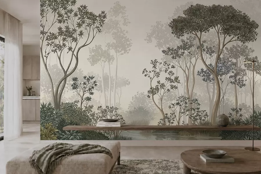 Murale Une forêt brumeuse avec des arbres et un cours d'eau paisible w05700