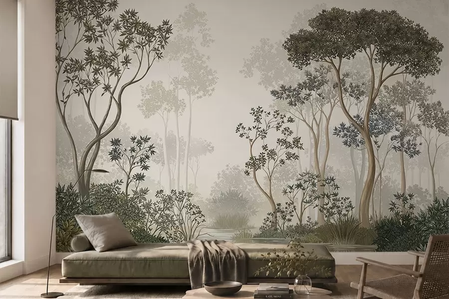 Murale Une forêt brumeuse avec des arbres et un cours d'eau paisible w05700