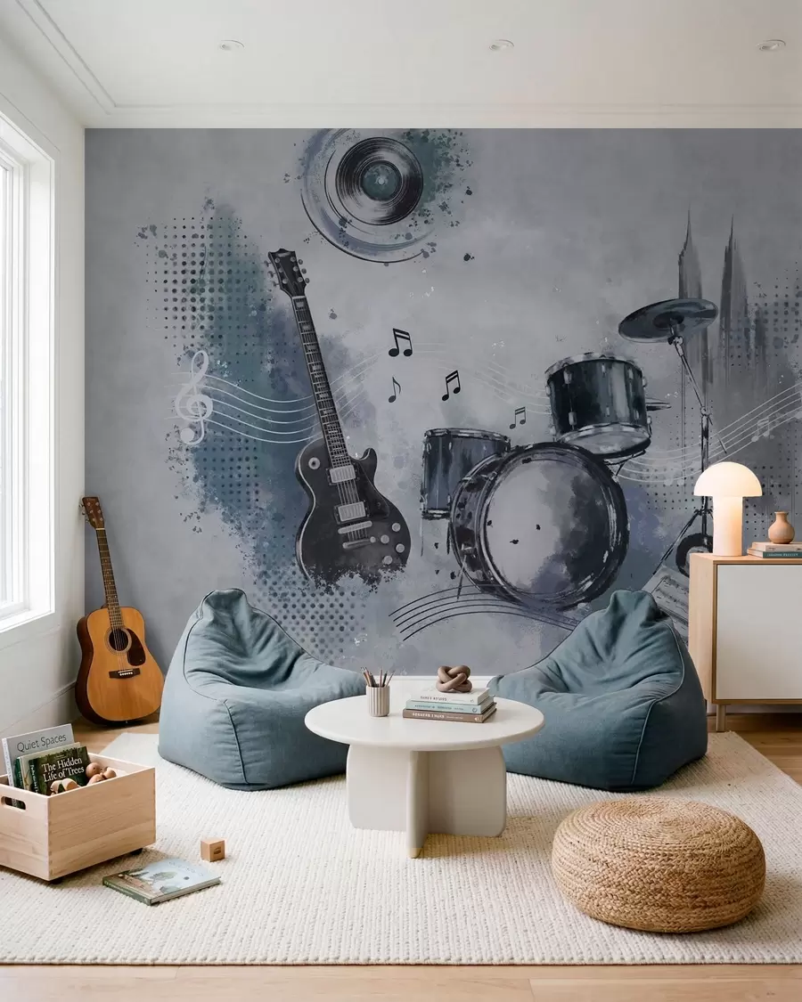 Murale Guitare et batterie avec des notes de musique w05546