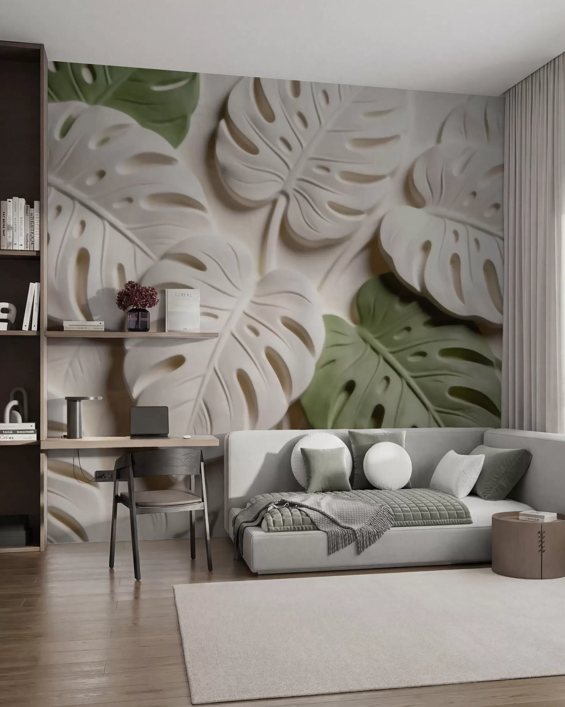 fototapeter Prægede botaniske monstera-blade i creme- og grønne nuancer w09883