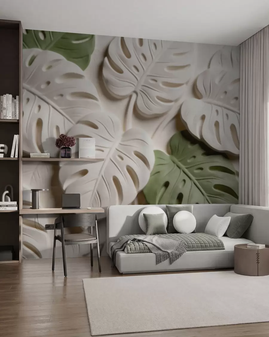 fototapeter Prægede botaniske monstera-blade i creme- og grønne nuancer w09883