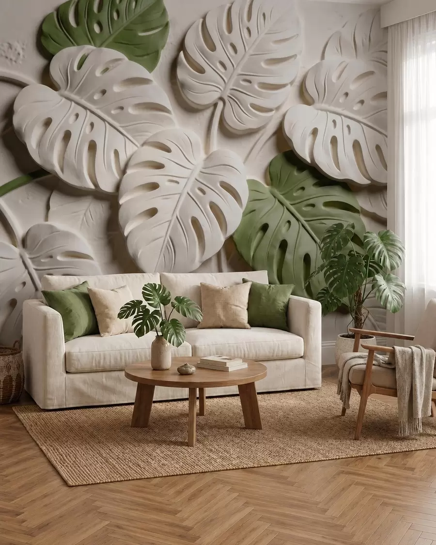 fototapeter Prægede botaniske monstera-blade i creme- og grønne nuancer w09883
