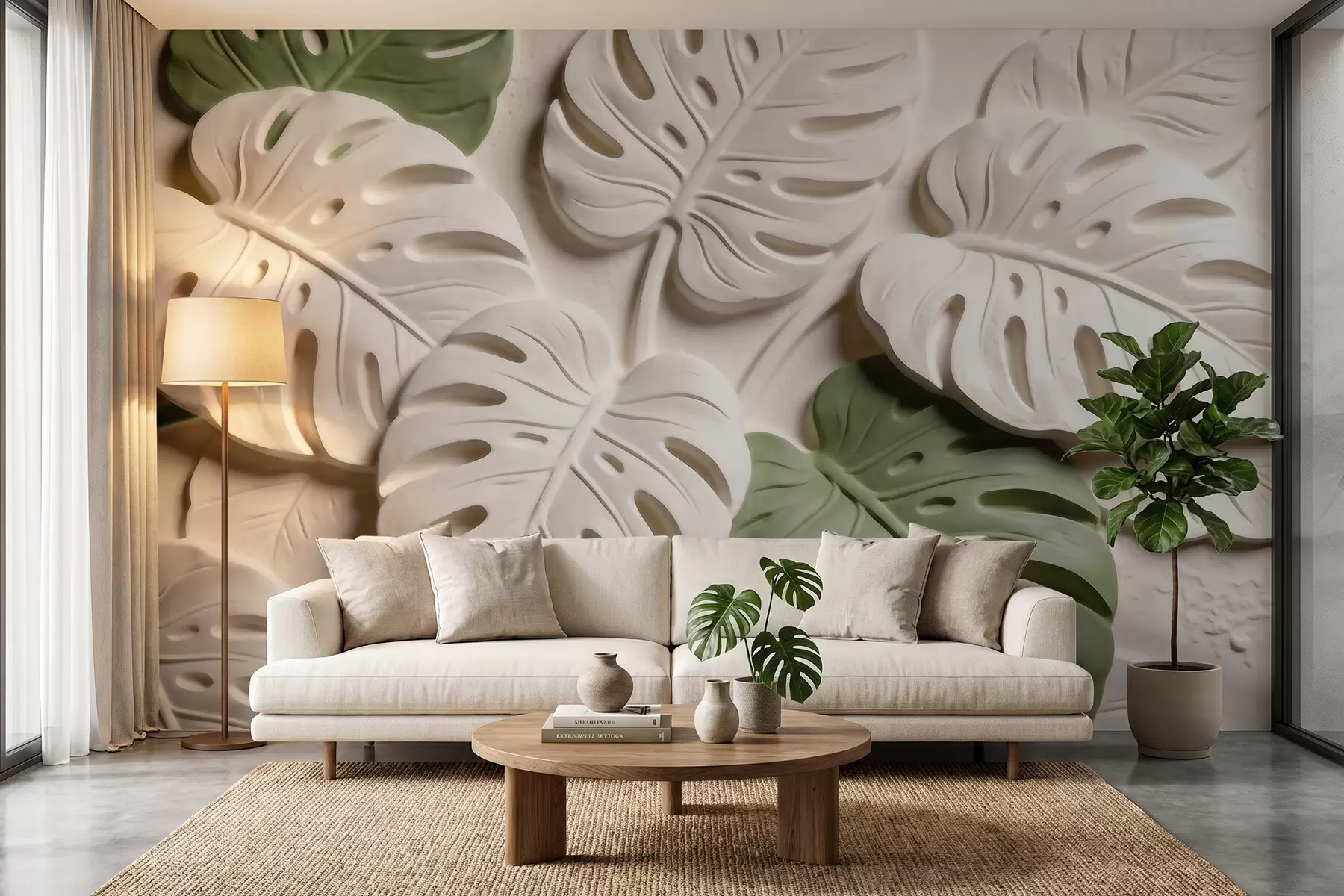 fototapeter Prægede botaniske monstera-blade i creme- og grønne nuancer w09883