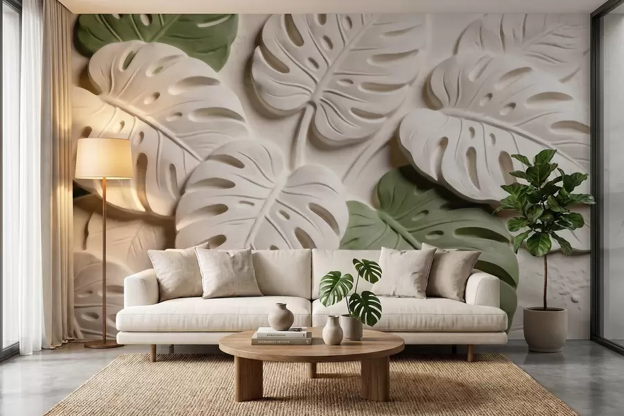fototapeter Prægede botaniske monstera-blade i creme- og grønne nuancer w09883