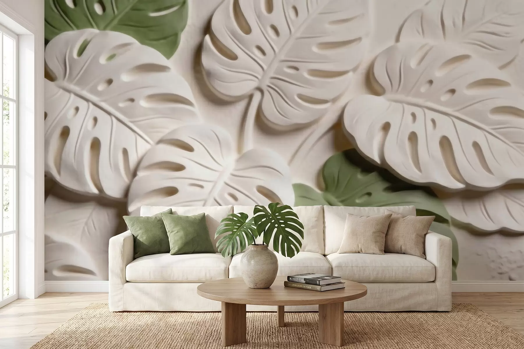 fototapeter Prægede botaniske monstera-blade i creme- og grønne nuancer w09883