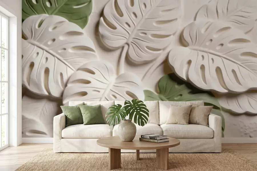 fototapeter Prægede botaniske monstera-blade i creme- og grønne nuancer w09883