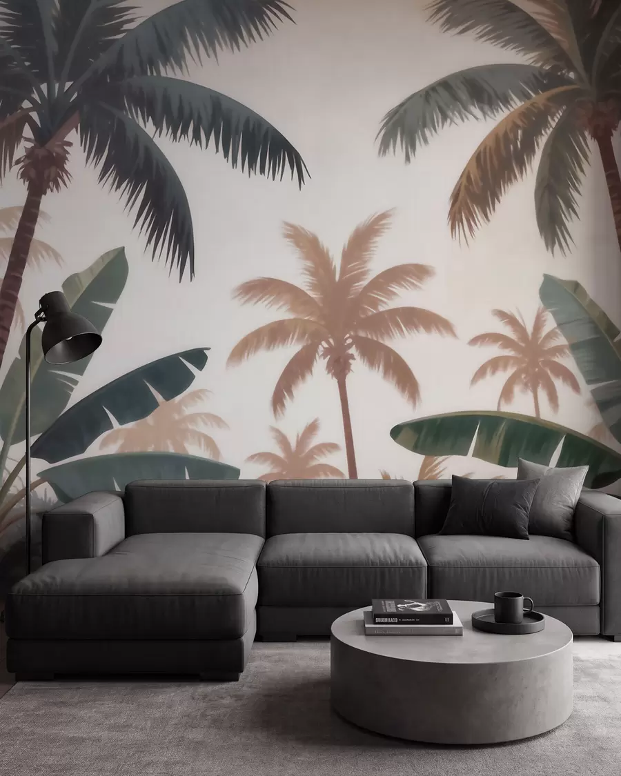 Murale Des palmiers tropicaux dans une palette de couleurs douces et vintage, dans une ambiance brumeuse de matinée w09884
