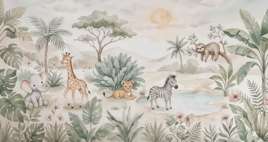 fototapeter Akvarelmaleri af en safariscene med dyr i sarte pastelfarver, herunder en giraf, en elefantunge, en zebra og en løveunge w09888