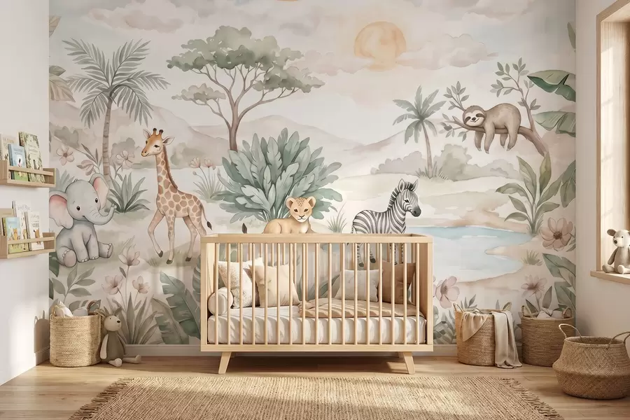 fototapeter Akvarelmaleri af en safariscene med dyr i sarte pastelfarver, herunder en giraf, en elefantunge, en zebra og en løveunge w09888