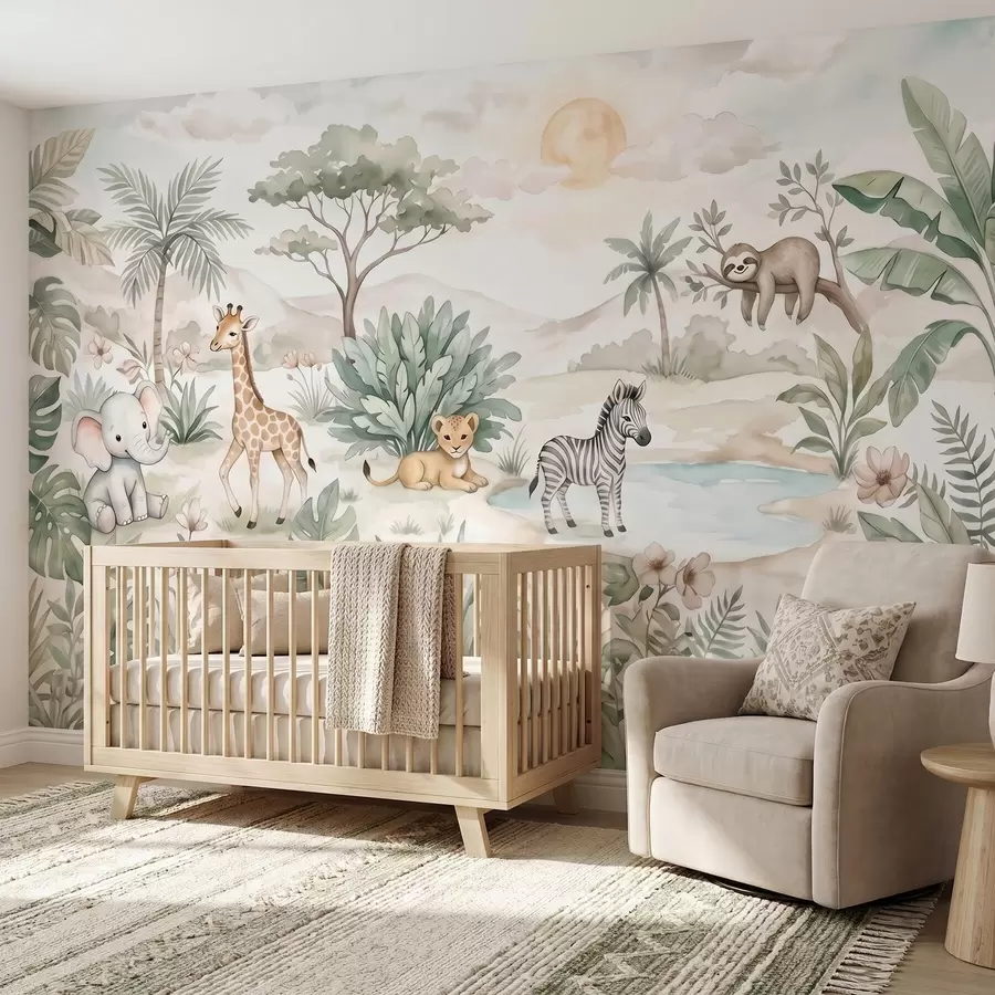 Fototapete Aquarellbild einer Safari-Szene mit Tieren in zarten Pastelltönen, darunter eine Giraffe, ein Elefantenbaby, ein Zebra und ein Löwenjunges w09888
