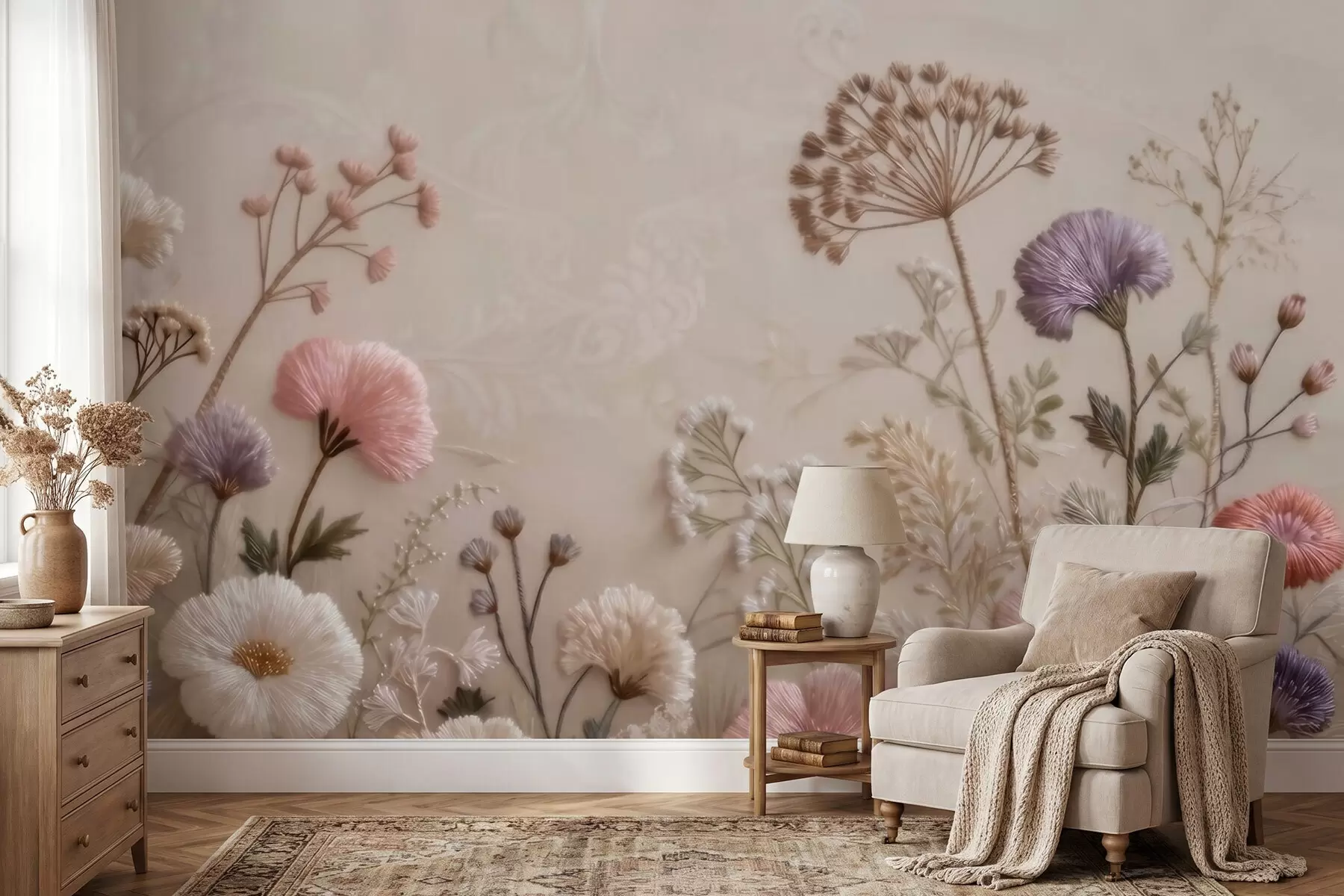 Murale Fleurs sauvages en trois dimensions, avec un effet de broderie artisanale, dans une palette de couleurs pastel w09874