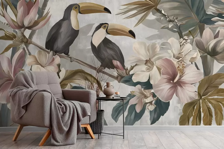 Murale un couple de toucans au milieu de fleurs et de feuillages tropicaux w05657