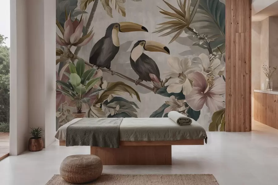 Fototapete ein Toucan-Paar inmitten tropischer Blumen und Blätter w05657