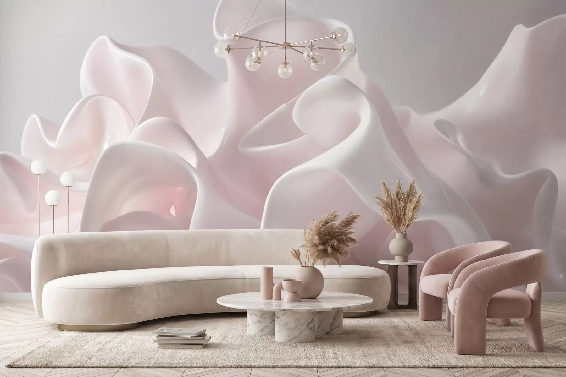Murale Des ondulations aériennes en soie dans des tons rose poudré délicats w09858