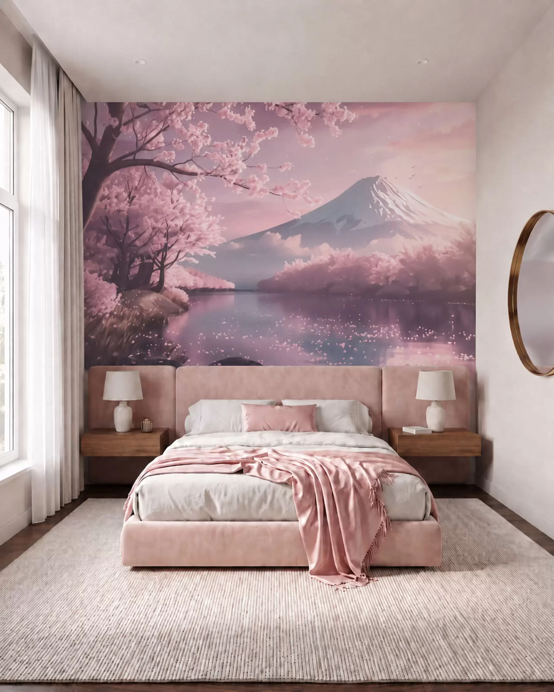 Murale Paysage japonais serein avec des cerisiers en fleurs et un lac de montagne au lever du soleil w09864