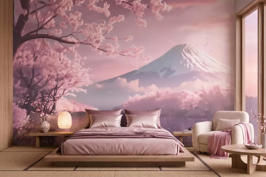 fototapeter Et fredfyldt japansk landskab med kirsebærblomster og en bjergsø ved solopgang w09864
