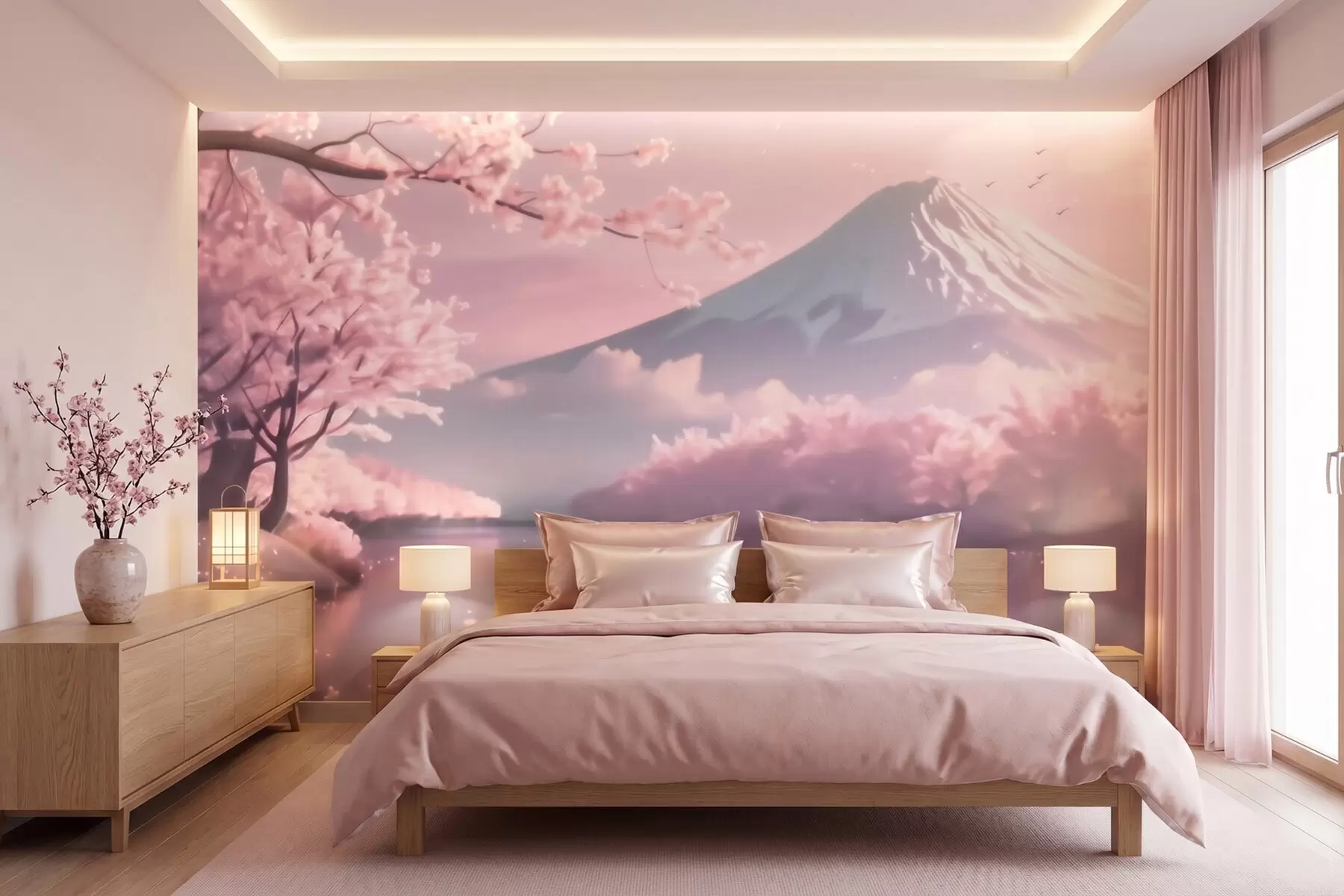 fototapeter Et fredfyldt japansk landskab med kirsebærblomster og en bjergsø ved solopgang w09864