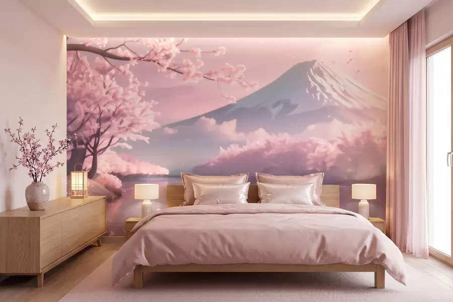 Murale Paysage japonais serein avec des cerisiers en fleurs et un lac de montagne au lever du soleil w09864