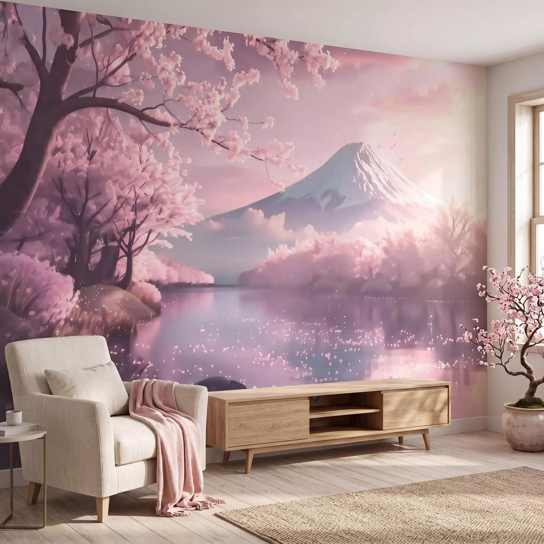 fototapeter Et fredfyldt japansk landskab med kirsebærblomster og en bjergsø ved solopgang w09864