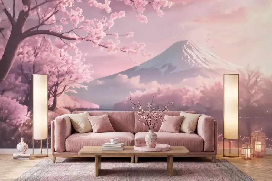 fototapeter Et fredfyldt japansk landskab med kirsebærblomster og en bjergsø ved solopgang w09864