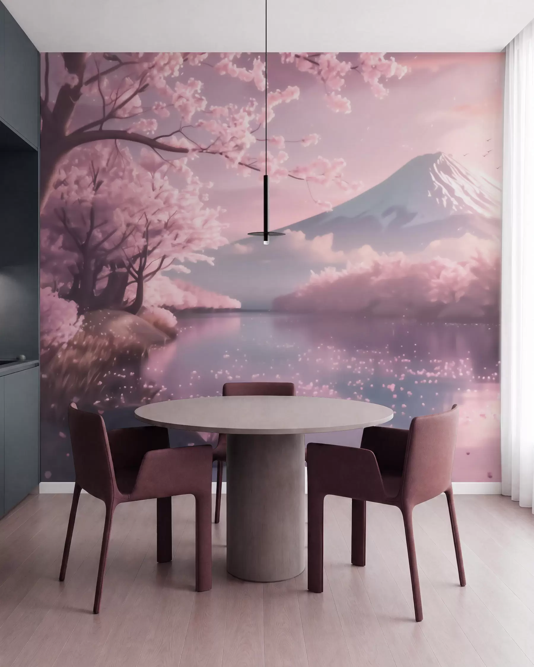 fototapeter Et fredfyldt japansk landskab med kirsebærblomster og en bjergsø ved solopgang w09864