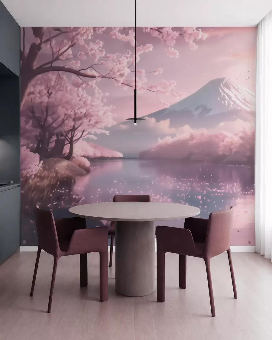 fototapeter Et fredfyldt japansk landskab med kirsebærblomster og en bjergsø ved solopgang w09864