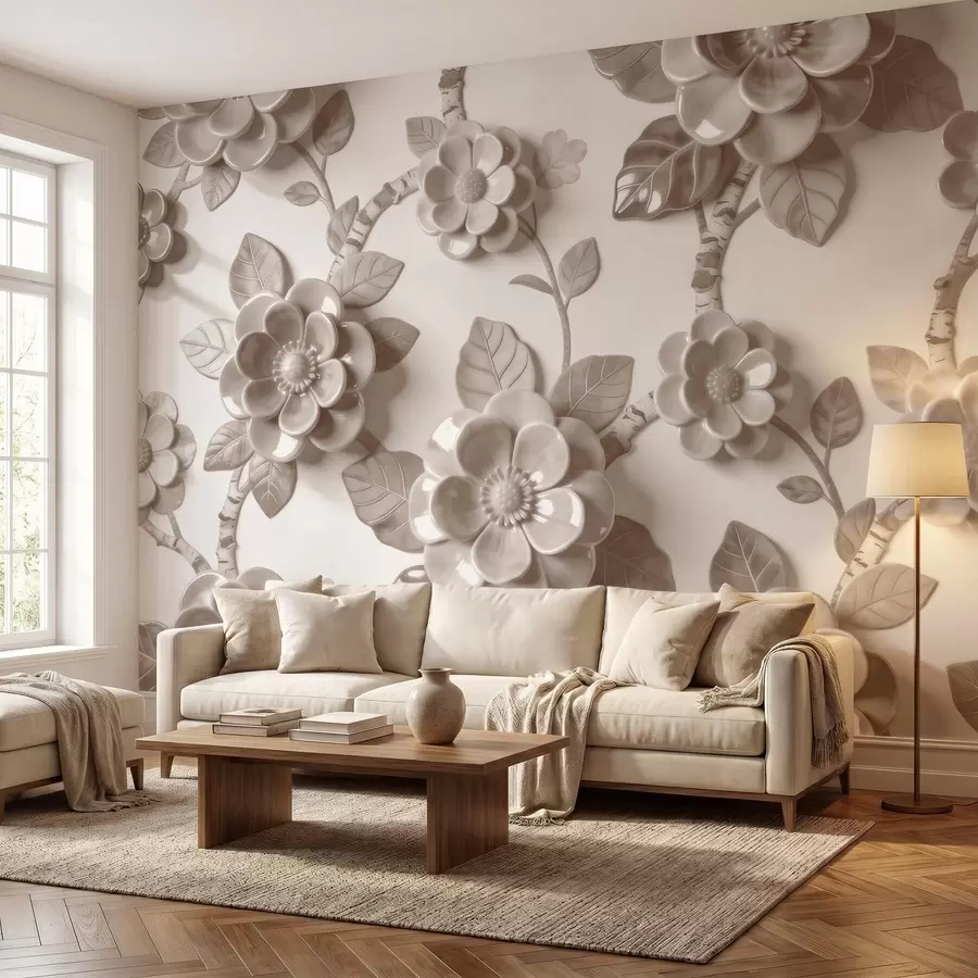 Murale Élégante composition beige composée de fleurs sculptées en trois dimensions w09887v1
