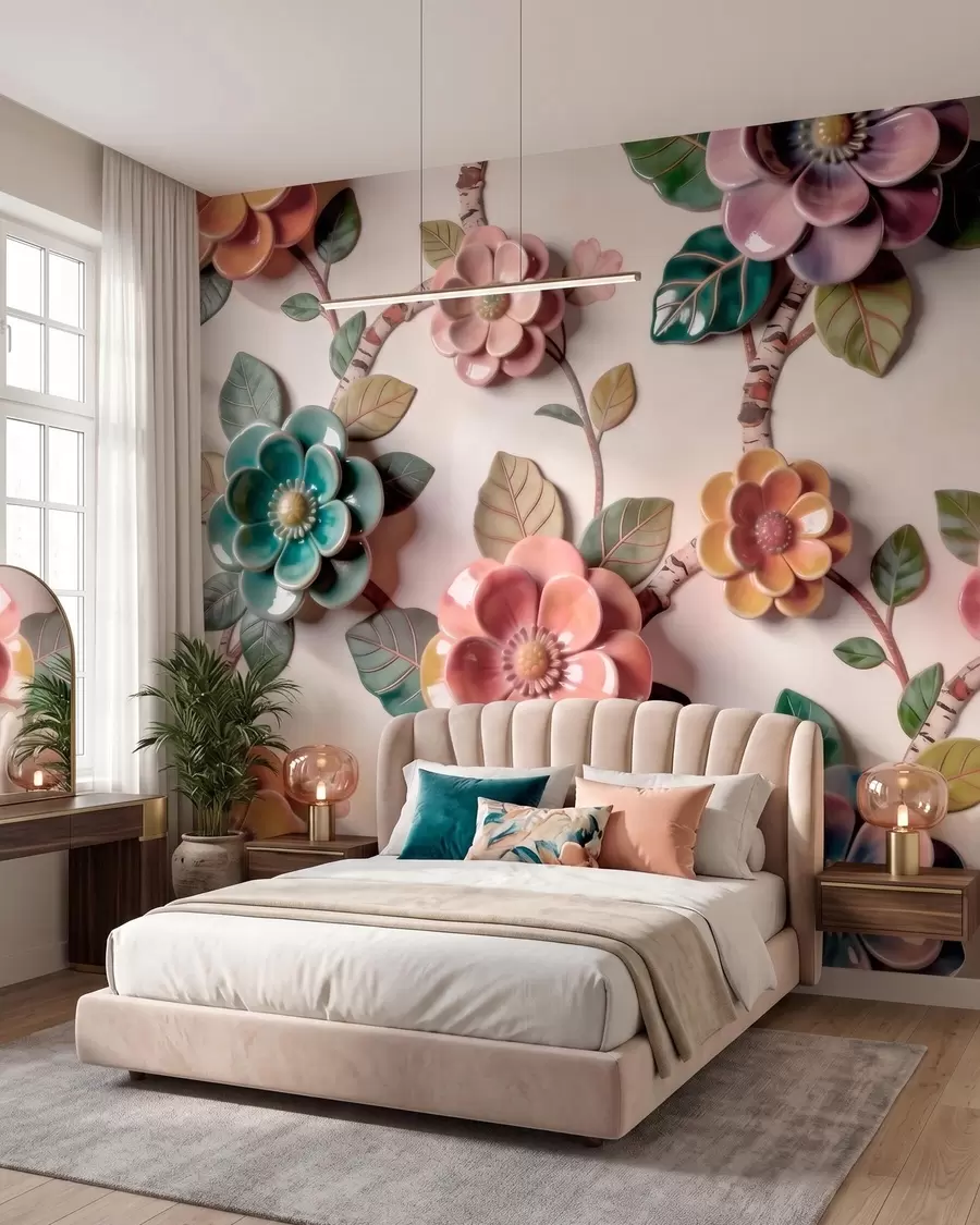 fototapeter Tredimensionelle blomster og blade af keramik i en livlig farvepalet w09887v2
