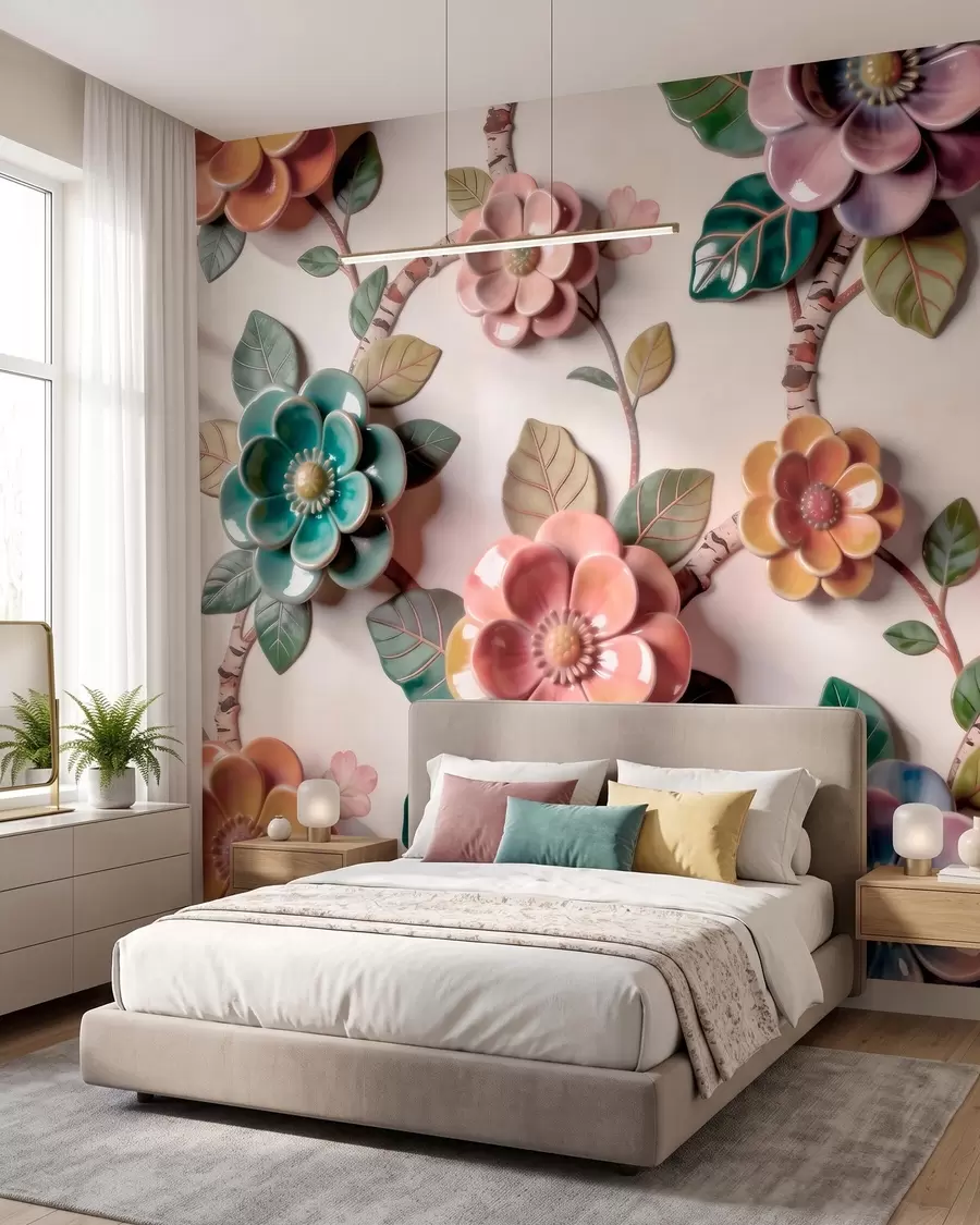 fototapeter Tredimensionelle blomster og blade af keramik i en livlig farvepalet w09887v2