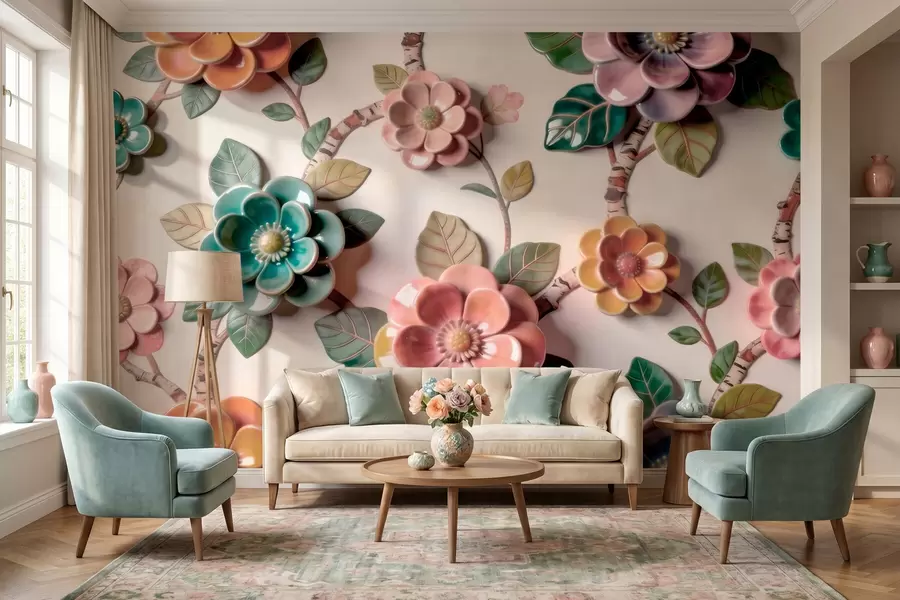 fototapeter Tredimensionelle blomster og blade af keramik i en livlig farvepalet w09887v2