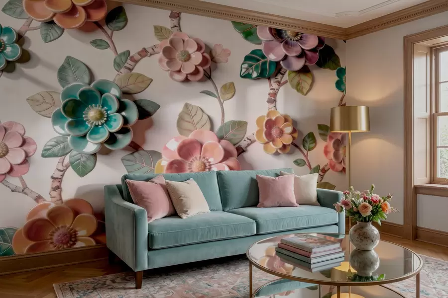 Murale Fleurs et feuilles en céramique en trois dimensions, dans une palette de couleurs éclatantes w09887v2