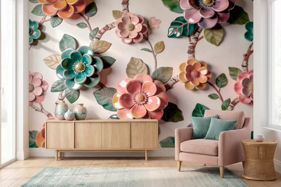 fototapeter Tredimensionelle blomster og blade af keramik i en livlig farvepalet w09887v2