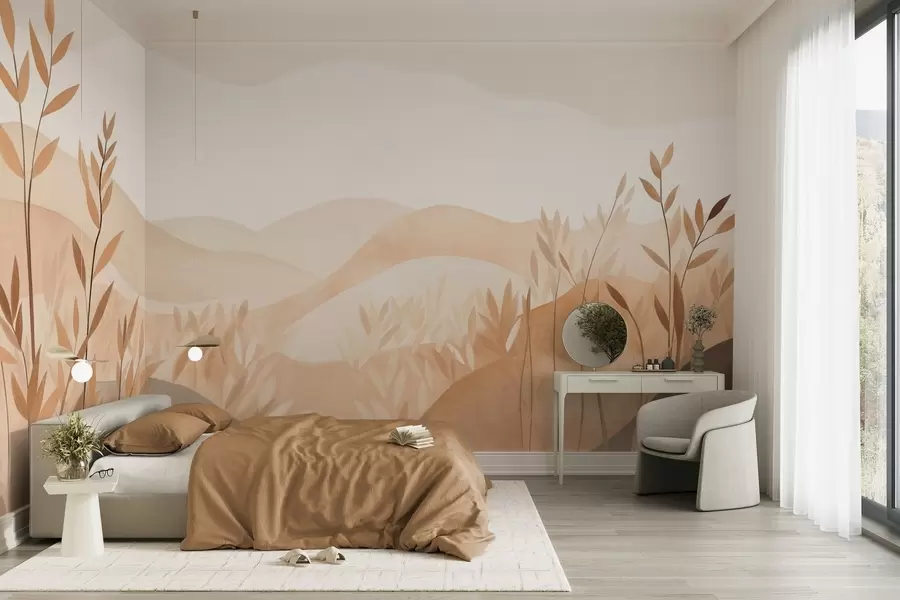 fototapeter Abstrakt landskab med bølgende bakker i brune og beige nuancer, tekstureret kunst w09617