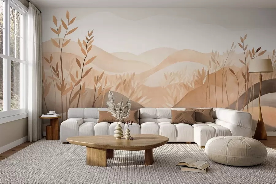 fototapeter Abstrakt landskab med bølgende bakker i brune og beige nuancer, tekstureret kunst w09617