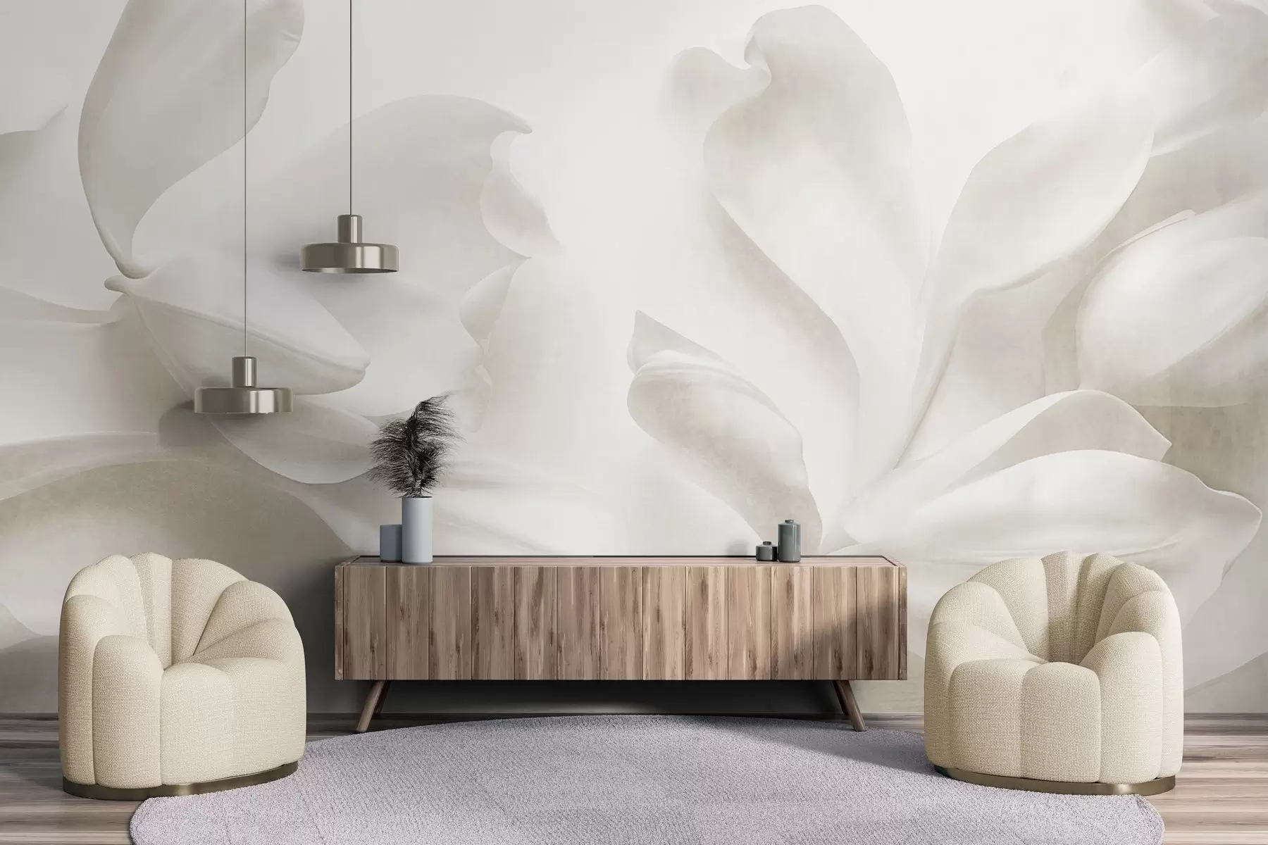 Murale Fleurs de magnolia blanches texturées aux pétales délicats, sur un fond clair flou w09771