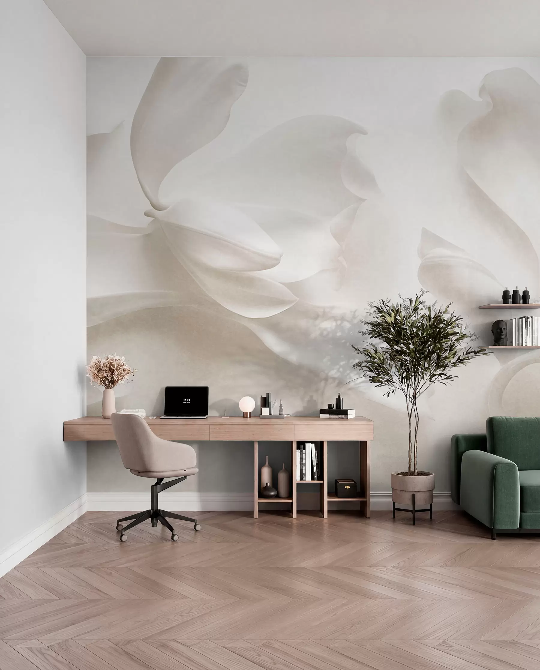 fototapeter Hvide magnoliablomster med struktur og fine kronblade på en sløret, lys baggrund w09771